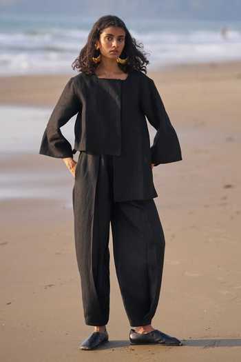 Dash And Dot_Black Linen Square Neck Uneven Hem Shirt And Pant Co-ord Set _at_Aza_Fashions