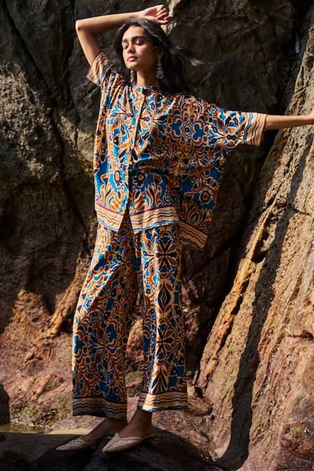 Shop_Dash And Dot_Multi Color Viscose Bandeau Neck Abstract Floral Print Shirt And Pant Co-ord Set _Online_at_Aza_Fashions