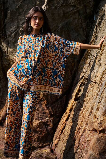 Dash And Dot_Multi Color Viscose Bandeau Neck Abstract Floral Print Shirt And Pant Co-ord Set _at_Aza_Fashions
