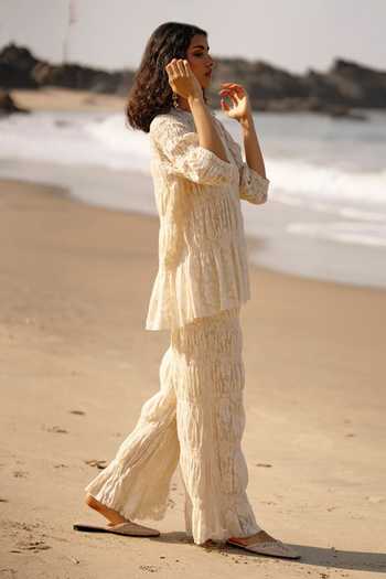 Dash And Dot_Off White Cotton Lace Round Neck All-over Ruched Top And Pant Co-ord Set _Online_at_Aza_Fashions