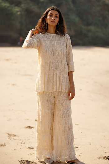 Buy_Dash And Dot_Off White Cotton Lace Round Neck All-over Ruched Top And Pant Co-ord Set _Online_at_Aza_Fashions
