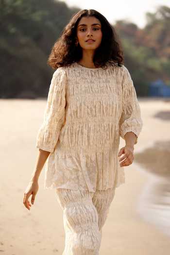 Dash And Dot_Off White Cotton Lace Round Neck All-over Ruched Top And Pant Co-ord Set _at_Aza_Fashions