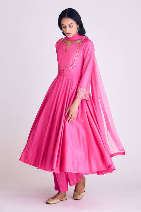 Basanti - Kapde Aur Koffee_Pink Silk, Modal Sequins Split V-neck Placed Embroidered Anarkali Set_Online_at_Aza_Fashions