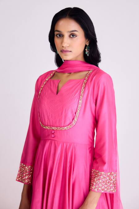 Buy_Basanti - Kapde Aur Koffee_Pink Silk, Modal Sequins Split V-neck Placed Embroidered Anarkali Set_Online_at_Aza_Fashions