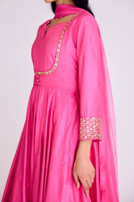 Shop_Basanti - Kapde Aur Koffee_Pink Silk, Modal Sequins Split V-neck Placed Embroidered Anarkali Set_Online_at_Aza_Fashions