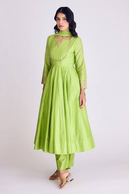 Basanti - Kapde Aur Koffee_Green Silk, Modal Sequins Keyhole Neck Placed Work Anarkali Set_Online_at_Aza_Fashions