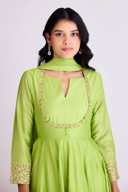 Buy_Basanti - Kapde Aur Koffee_Green Silk, Modal Sequins Keyhole Neck Placed Work Anarkali Set_Online_at_Aza_Fashions