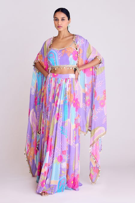 Basanti - Kapde Aur Koffee Floral Abstract Pattern Cape & Skirt Set 