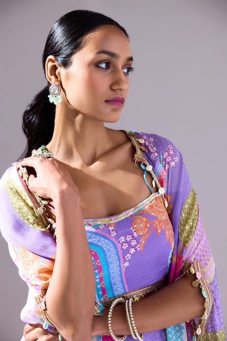 Buy_Basanti - Kapde Aur Koffee_Purple Chiffon Tassels, Embroidery Floral Abstract Pattern Cape And Skirt Set _Online_at_Aza_Fashions