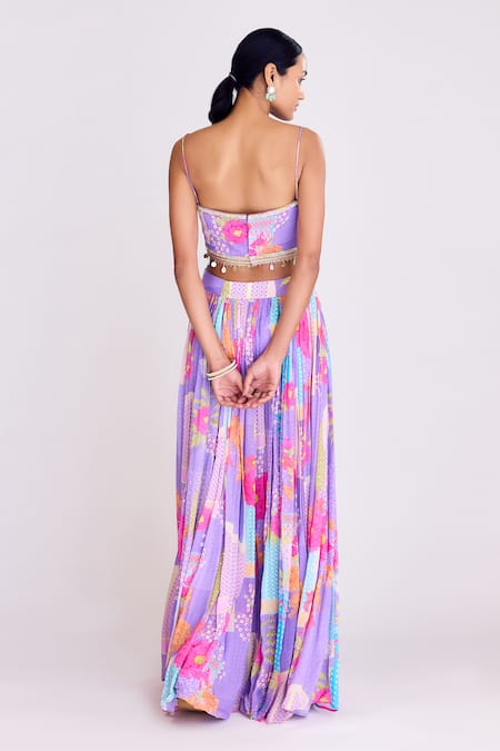 Shop_Basanti - Kapde Aur Koffee_Purple Chiffon Tassels, Embroidery Floral Abstract Pattern Cape And Skirt Set _Online_at_Aza_Fashions