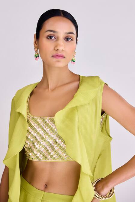 Buy Basanti - Kapde Aur Koffee Green Tissue Sequins, Embroidery Ruffled Cape Sharara Set Online at Aza Fashions Buy_Basanti - Kapde Aur Koffee_Green Tissue Sequins, Embroidery Ruffled Cape Sharara Set _Online_at_Aza_Fashions