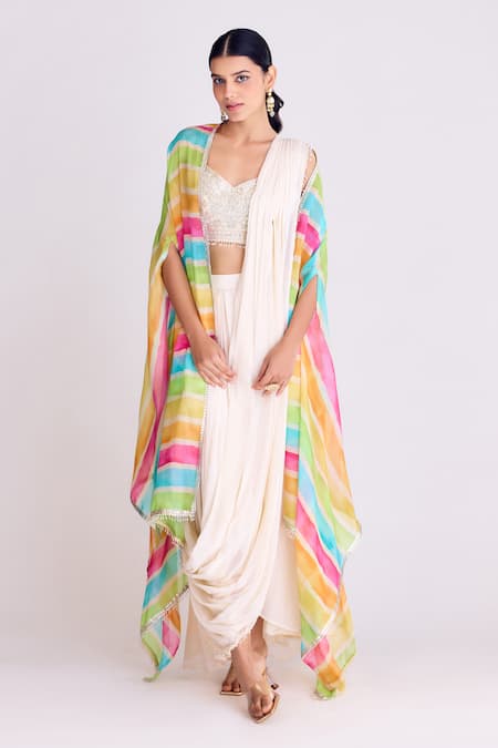 Basanti - Kapde Aur Koffee Ivory Cape Organza Printed Gota Patti Plunged Pre-draped Saree Set With Striped 