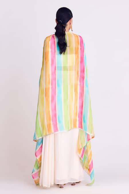 Basanti - Kapde Aur Koffee Pre-Draped Saree Set With Striped Cape 