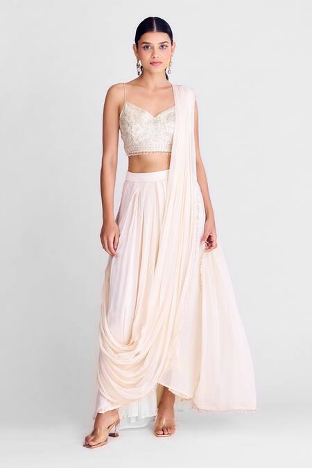 Basanti - Kapde Aur Koffee_Ivory Georgette, Organza Cut Work, Pre-draped Saree Set With Striped Cape_Online_at_Aza_Fashions