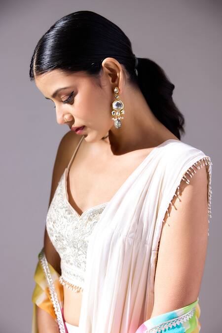 Buy_Basanti - Kapde Aur Koffee_Ivory Georgette, Organza Cut Work, Pre-draped Saree Set With Striped Cape_Online_at_Aza_Fashions