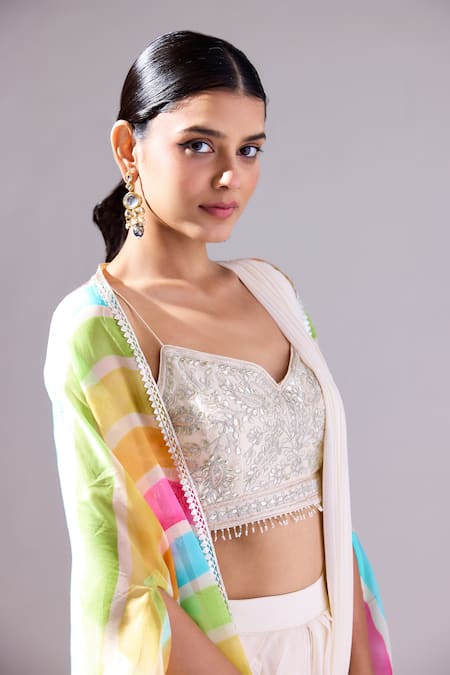 Shop_Basanti - Kapde Aur Koffee_Ivory Georgette, Organza Cut Work, Pre-draped Saree Set With Striped Cape_Online_at_Aza_Fashions