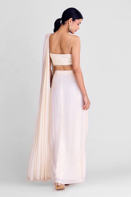 Basanti - Kapde Aur Koffee_Ivory Georgette, Organza Cut Work, Pre-draped Saree Set With Striped Cape_at_Aza_Fashions