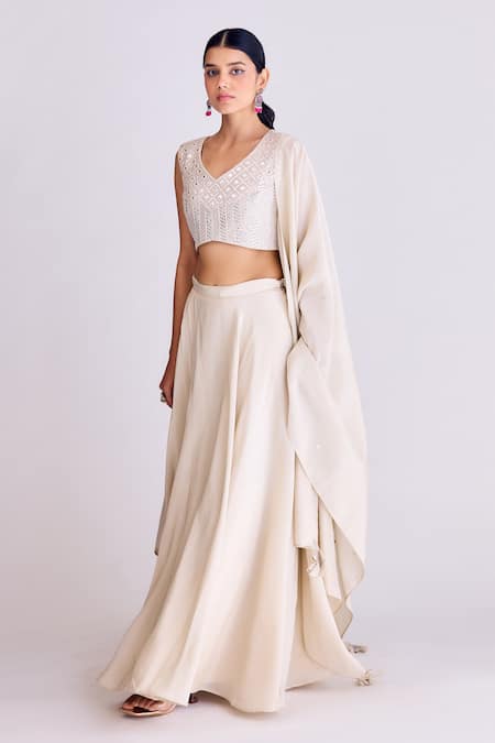 Basanti - Kapde Aur Koffee Ivory Tissue Mirrors, Gota Patti, Embroidery V-neck Blouse Skirt Set Online at Aza Fashions Basanti - Kapde Aur Koffee_Ivory Tissue Mirrors, Gota Patti, Embroidery V-neck Blouse Skirt Set _Online_at_Aza_Fashions