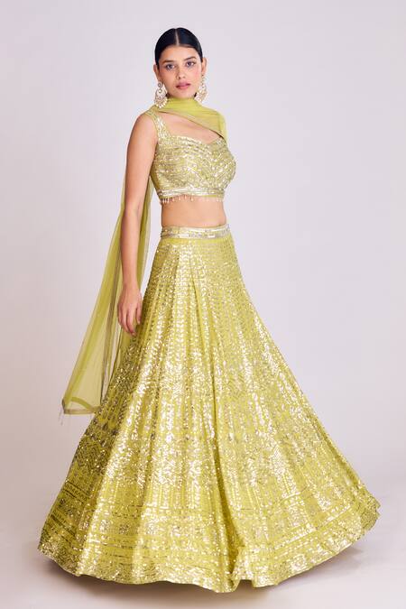 Basanti - Kapde Aur Koffee_Green Georgette Crystals, Sequins Sweetheart Neck Leaf Embroidered Skirt Set_Online_at_Aza_Fashions