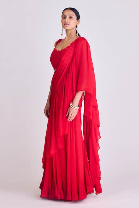 Basanti - Kapde Aur Koffee_Red Chiffon Embroidery Asymmetric Ruffle Pre-draped Saree With Blouse _Online_at_Aza_Fashions