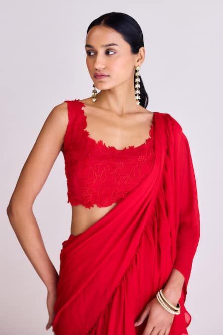 Shop_Basanti - Kapde Aur Koffee_Red Chiffon Embroidery Asymmetric Ruffle Pre-draped Saree With Blouse _Online_at_Aza_Fashions