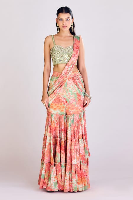 Basanti - Kapde Aur Koffee_Orange Chiffon Mirrors, Zari Sweetheart Neck Printed Sharara Saree With Blouse _Online_at_Aza_Fashions