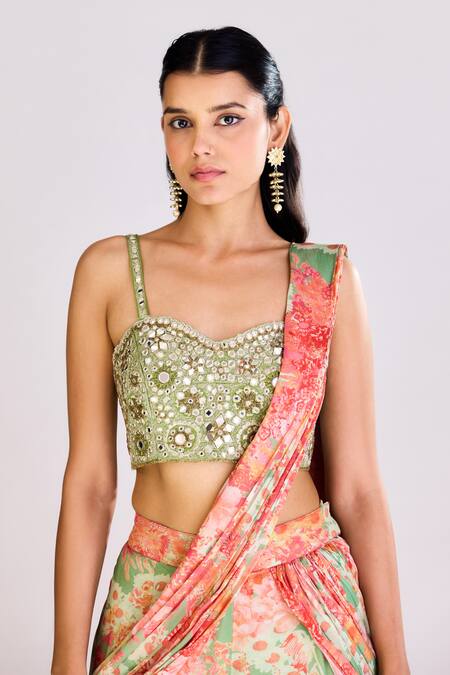 Buy_Basanti - Kapde Aur Koffee_Orange Chiffon Mirrors, Zari Sweetheart Neck Printed Sharara Saree With Blouse _Online_at_Aza_Fashions