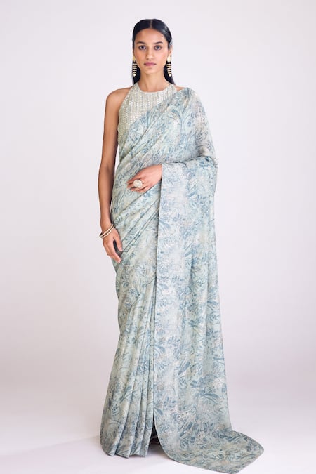 Basanti - Kapde Aur Koffee Floral Stripe Print Saree With Blouse 