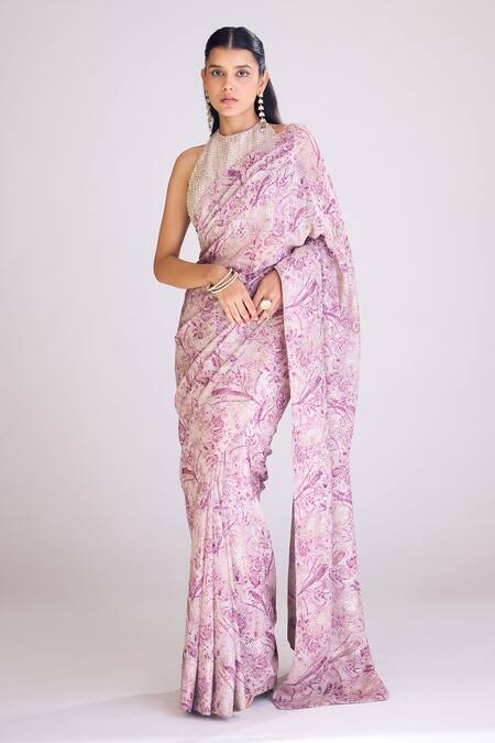 Basanti - Kapde Aur Koffee Wine Georgette Sequins, Beads, Piping Halter Botanical Print Saree With Blouse Online at Aza Fashions Basanti - Kapde Aur Koffee_Wine Georgette Sequins, Beads, Piping Halter Botanical Print Saree With Blouse_Online_at_Aza_Fashions