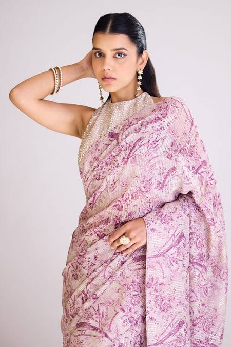 Buy Basanti - Kapde Aur Koffee Wine Georgette Sequins, Beads, Piping Halter Botanical Print Saree With Blouse Online at Aza Fashions Buy_Basanti - Kapde Aur Koffee_Wine Georgette Sequins, Beads, Piping Halter Botanical Print Saree With Blouse_Online_at_Aza_Fashions