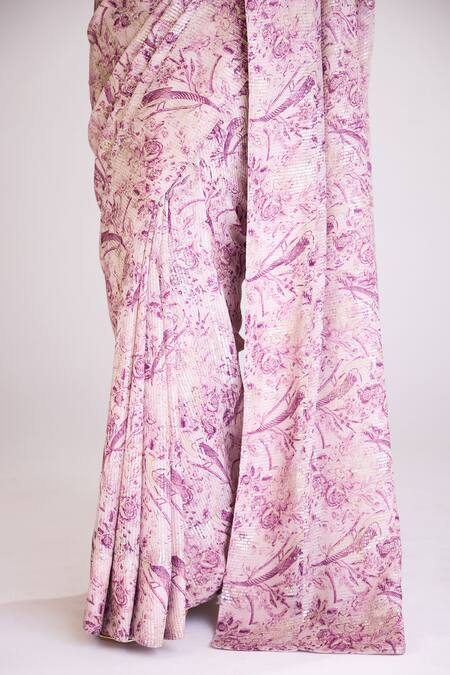 Shop Basanti - Kapde Aur Koffee Wine Georgette Sequins, Beads, Piping Halter Botanical Print Saree With Blouse Online at Aza Fashions Shop_Basanti - Kapde Aur Koffee_Wine Georgette Sequins, Beads, Piping Halter Botanical Print Saree With Blouse_Online_at_Aza_Fashions