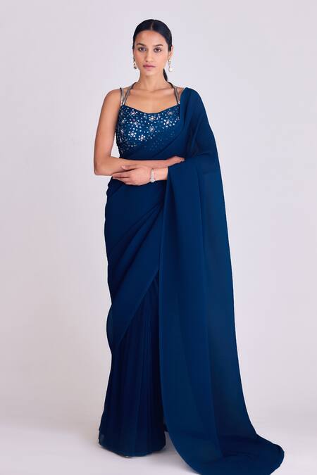 Basanti - Kapde Aur Koffee Blue Georgette Embroidery, Mirrors Sweetheart Neck Pre-draped Saree With Blouse Online at Aza Fashions Basanti - Kapde Aur Koffee_Blue Georgette Embroidery, Mirrors Sweetheart Neck Pre-draped Saree With Blouse_Online_at_Aza_Fashions