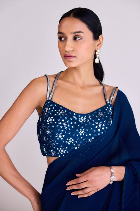 Buy Basanti - Kapde Aur Koffee Blue Georgette Embroidery, Mirrors Sweetheart Neck Pre-draped Saree With Blouse Online at Aza Fashions Buy_Basanti - Kapde Aur Koffee_Blue Georgette Embroidery, Mirrors Sweetheart Neck Pre-draped Saree With Blouse_Online_at_Aza_Fashions