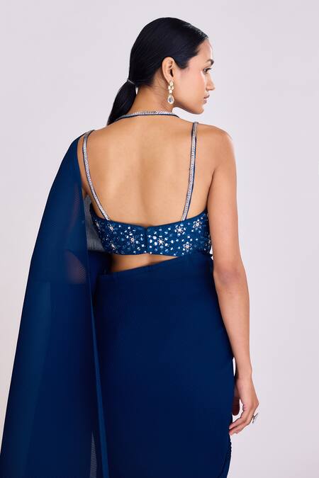 Shop Basanti - Kapde Aur Koffee Blue Georgette Embroidery, Mirrors Sweetheart Neck Pre-draped Saree With Blouse Online at Aza Fashions Shop_Basanti - Kapde Aur Koffee_Blue Georgette Embroidery, Mirrors Sweetheart Neck Pre-draped Saree With Blouse_Online_at_Aza_Fashions