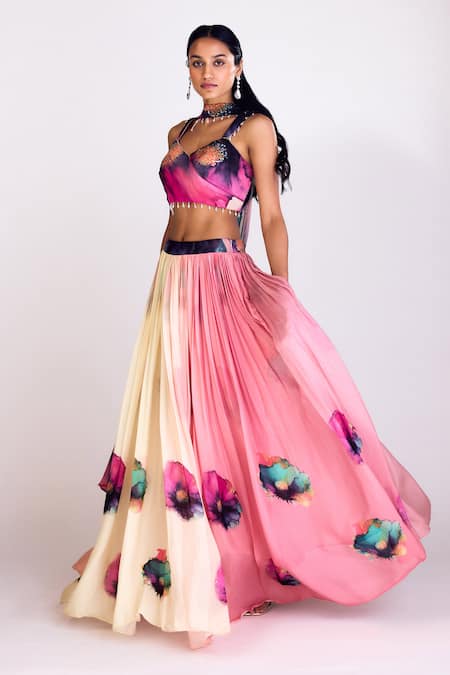 Basanti - Kapde Aur Koffee_Pink Chiffon Beads Sweetheart Neck Floral Print Two Tone Lehenga Set_Online_at_Aza_Fashions