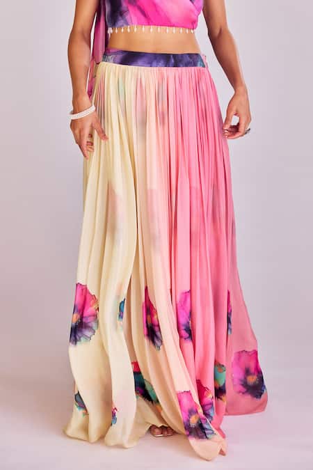 Buy_Basanti - Kapde Aur Koffee_Pink Chiffon Beads Sweetheart Neck Floral Print Two Tone Lehenga Set_Online_at_Aza_Fashions