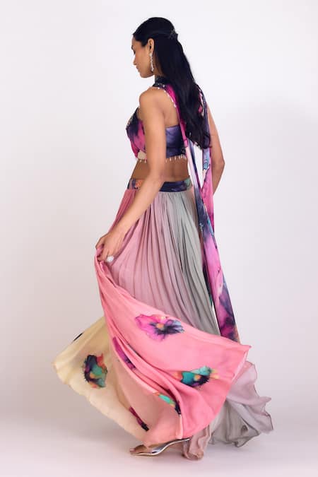 Shop_Basanti - Kapde Aur Koffee_Pink Chiffon Beads Sweetheart Neck Floral Print Two Tone Lehenga Set_Online_at_Aza_Fashions