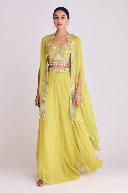 Basanti - Kapde Aur Koffee Green Georgette Embroidery Floral Cape Open Neck Placement Skirt Set 