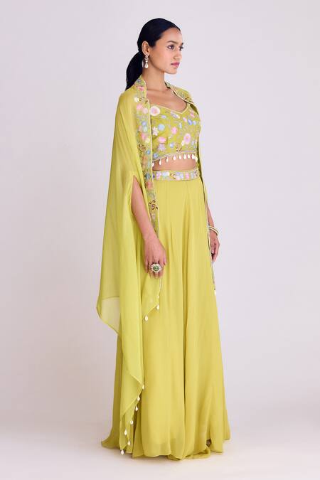 Basanti - Kapde Aur Koffee_Green Organza, Georgette Beads, Embroidery Round Neck Placement Cape Skirt Set_Online_at_Aza_Fashions