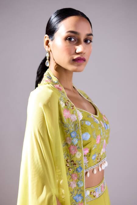 Buy_Basanti - Kapde Aur Koffee_Green Organza, Georgette Beads, Embroidery Round Neck Placement Cape Skirt Set_Online_at_Aza_Fashions