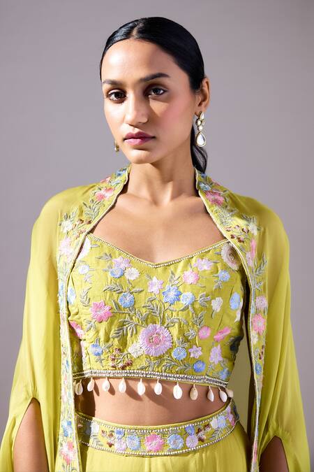 Shop_Basanti - Kapde Aur Koffee_Green Organza, Georgette Beads, Embroidery Round Neck Placement Cape Skirt Set_Online_at_Aza_Fashions