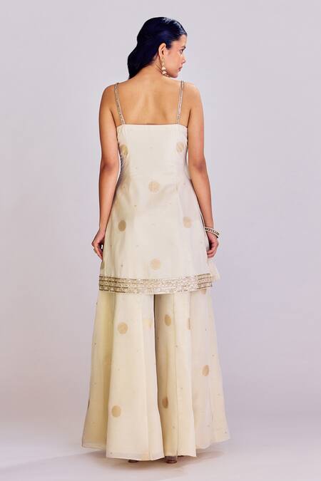Shop_Basanti - Kapde Aur Koffee_Ivory Chanderi, Net Embroidery Square Neck Floral Butti Work Kurta Sharara Set_Online_at_Aza_Fashions