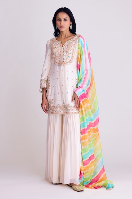 Basanti - Kapde Aur Koffee Ivory Silk Organza Embroidery Floral Notched Neck Dori Kurta Sharara Set