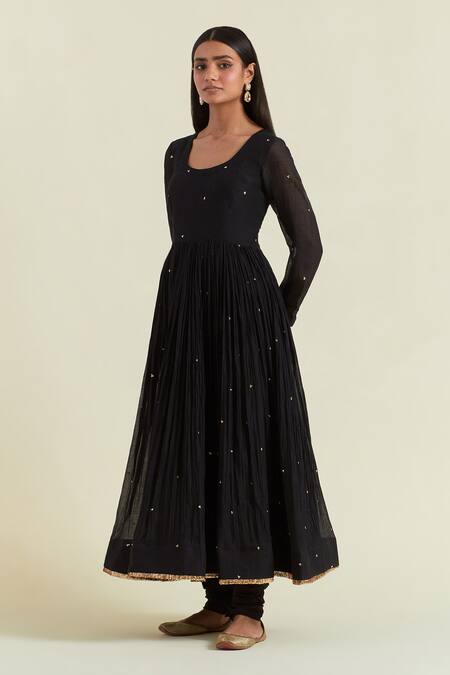 Buy_Ikshita Choudhary_Black Chanderi Sequins, Fringe Round Neck Embroidered Anarkali Churidar Set_Online_at_Aza_Fashions