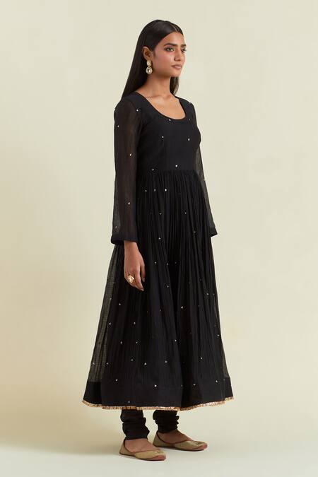 Shop_Ikshita Choudhary_Black Chanderi Sequins, Fringe Round Neck Embroidered Anarkali Churidar Set_Online_at_Aza_Fashions
