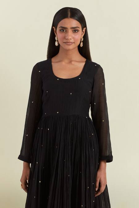 Ikshita Choudhary_Black Chanderi Sequins, Fringe Round Neck Embroidered Anarkali Churidar Set_at_Aza_Fashions