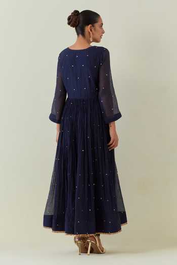 Shop Ikshita Choudhary Blue Chanderi Sequins, Fringe Round Neck Embroidered Anarkali Churidar Set at Aza Fashions Shop_Ikshita Choudhary_Blue Chanderi Sequins, Fringe Round Neck Embroidered Anarkali Churidar Set _at_Aza_Fashions
