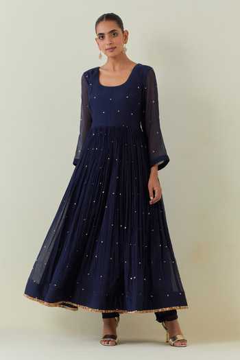 Ikshita Choudhary Blue Chanderi Sequins, Fringe Round Neck Embroidered Anarkali Churidar Set Online at Aza Fashions Ikshita Choudhary_Blue Chanderi Sequins, Fringe Round Neck Embroidered Anarkali Churidar Set _Online_at_Aza_Fashions