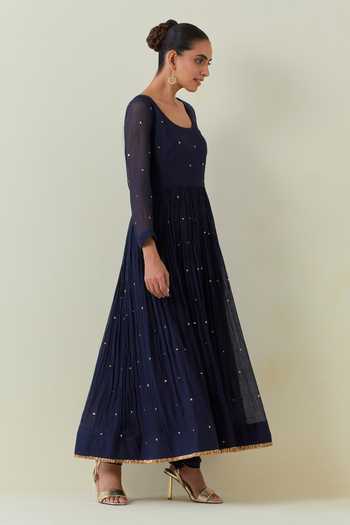 Shop Ikshita Choudhary Blue Chanderi Sequins, Fringe Round Neck Embroidered Anarkali Churidar Set Online at Aza Fashions Shop_Ikshita Choudhary_Blue Chanderi Sequins, Fringe Round Neck Embroidered Anarkali Churidar Set _Online_at_Aza_Fashions