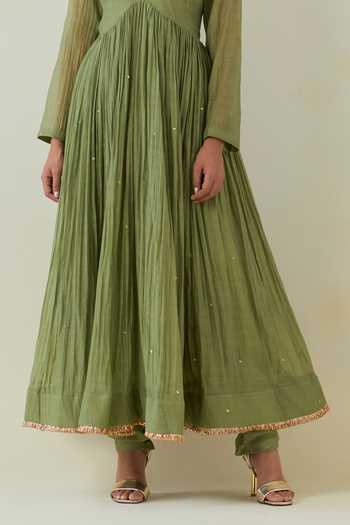 Ikshita Choudhary Green Chanderi, Chiffon Sequins, Fringe, Embellished Anarkali Churidar Set Online at Aza Fashions Ikshita Choudhary_Green Chanderi, Chiffon Sequins, Fringe, Embellished Anarkali Churidar Set _Online_at_Aza_Fashions